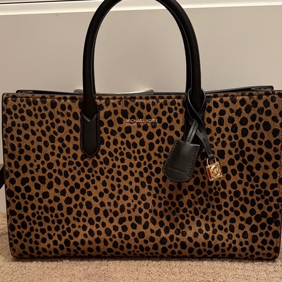 Michael Kors Black and Brown Animal Print Satchel - Picture 1 of 12